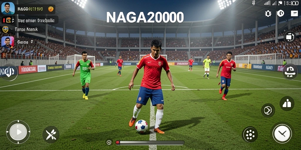 Screenshot gameplay NAGA2000 menampilkan pertandingan sepak bola yang mendebarkan.