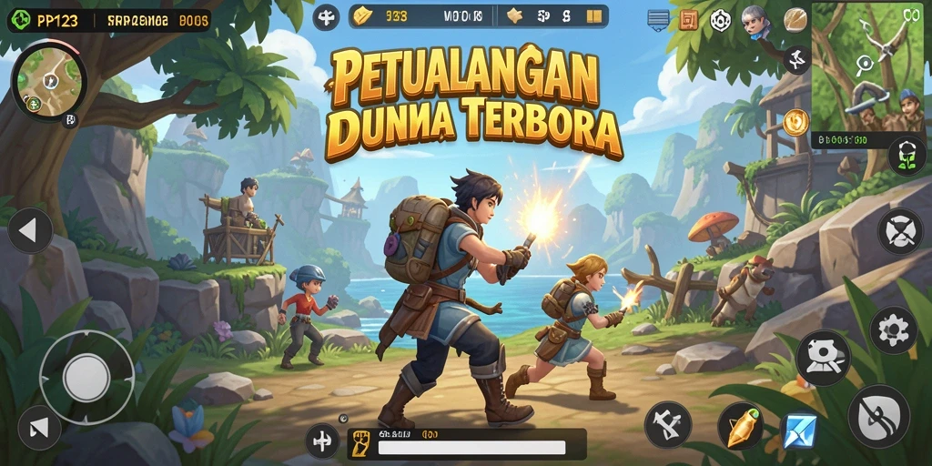 Screenshot utama PP123 menunjukkan aksi petualangan seru di dunia terbuka.