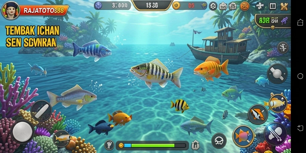 Tampilan gameplay seru dalam RAJATOTO88, penuh aksi menembak ikan.